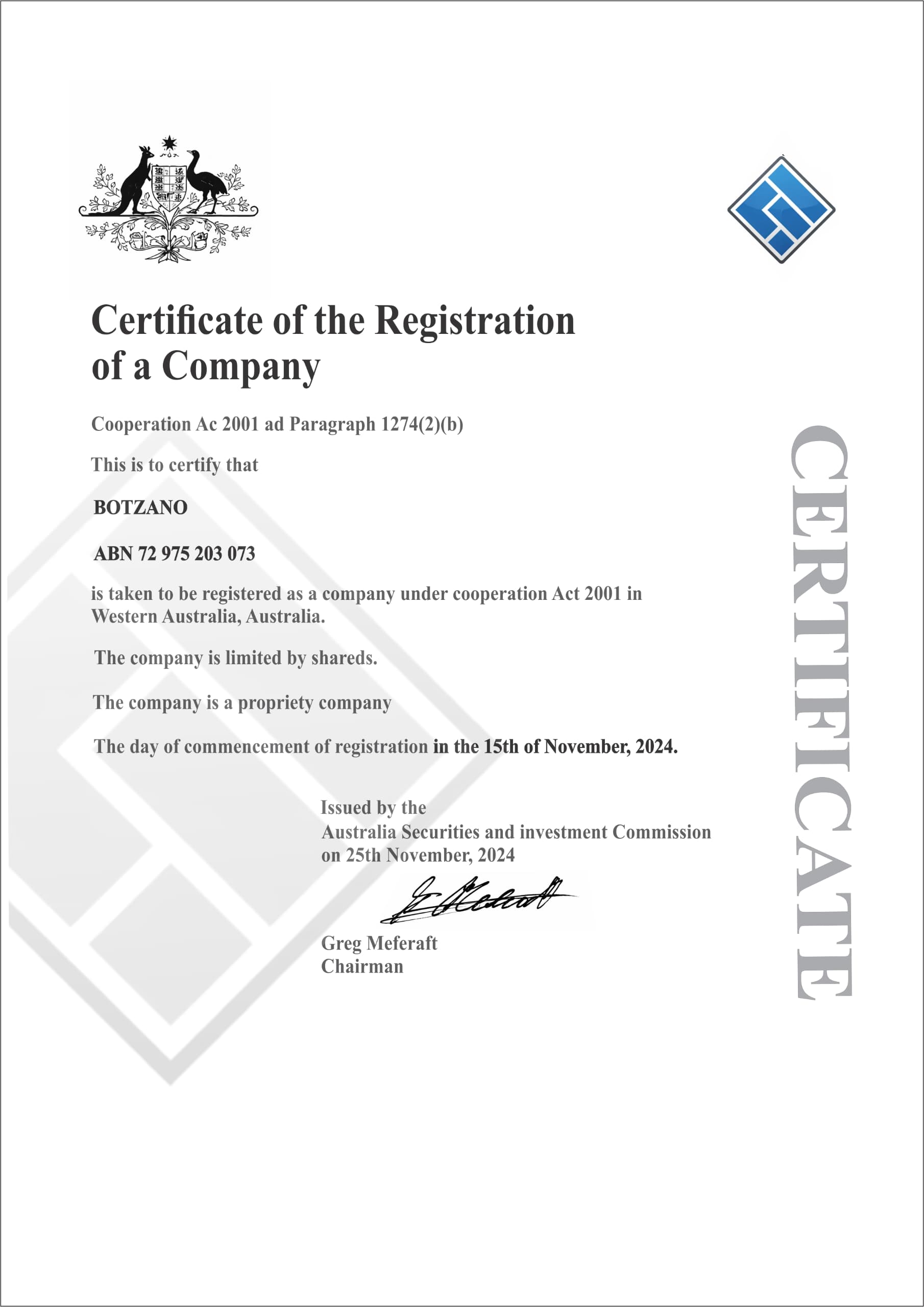 Botzano Registration Certificate